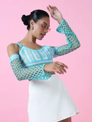 Women's Blue Cold-Shoulder Crochet Blouson Crop Top Stylish Day Wear Casual Vibe