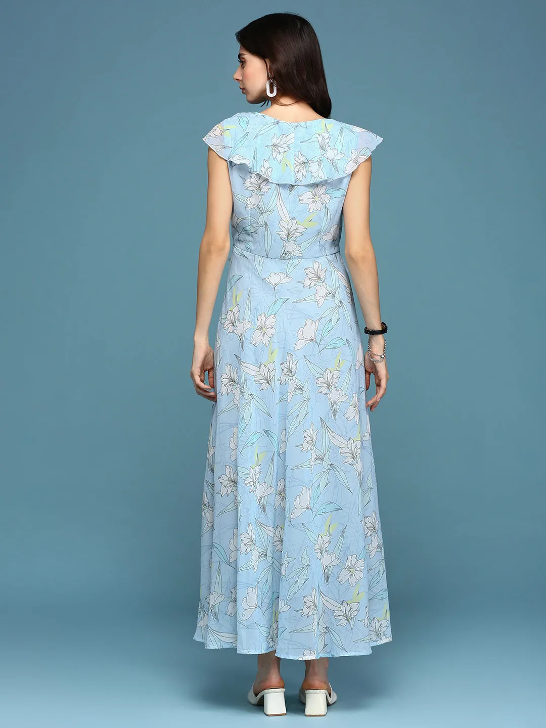 Recycled-Material Women's Blue Floral Chiffon A-Line Dress