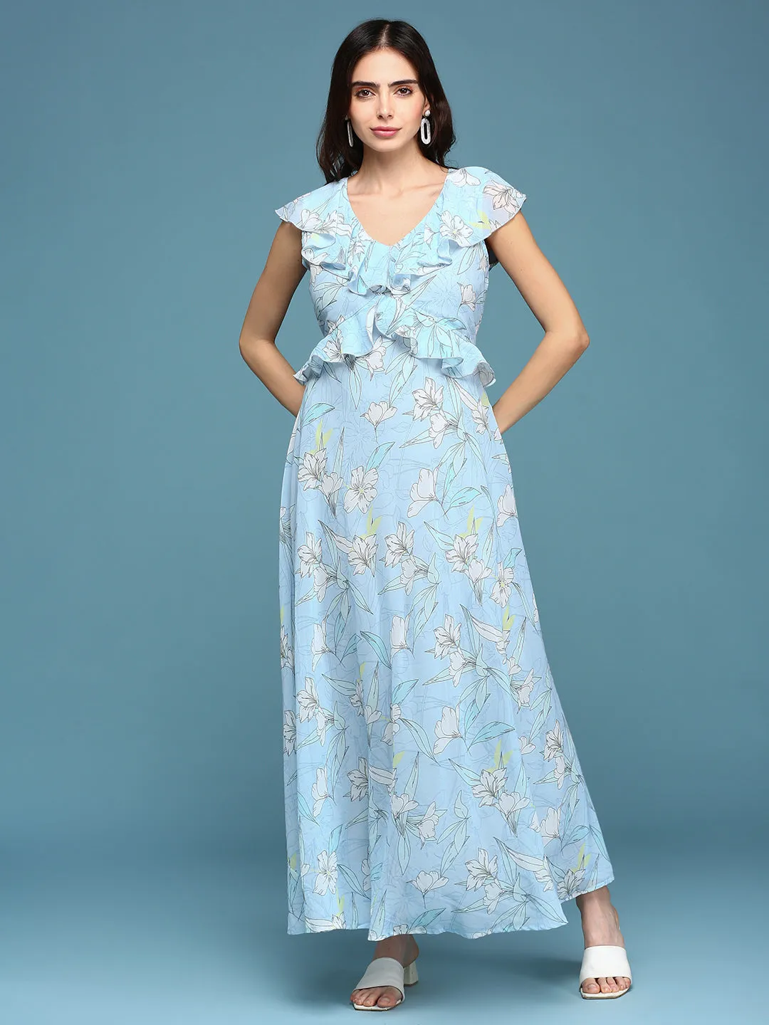 Women's Blue Floral Chiffon A-Line Dress Cozy and Comfortable