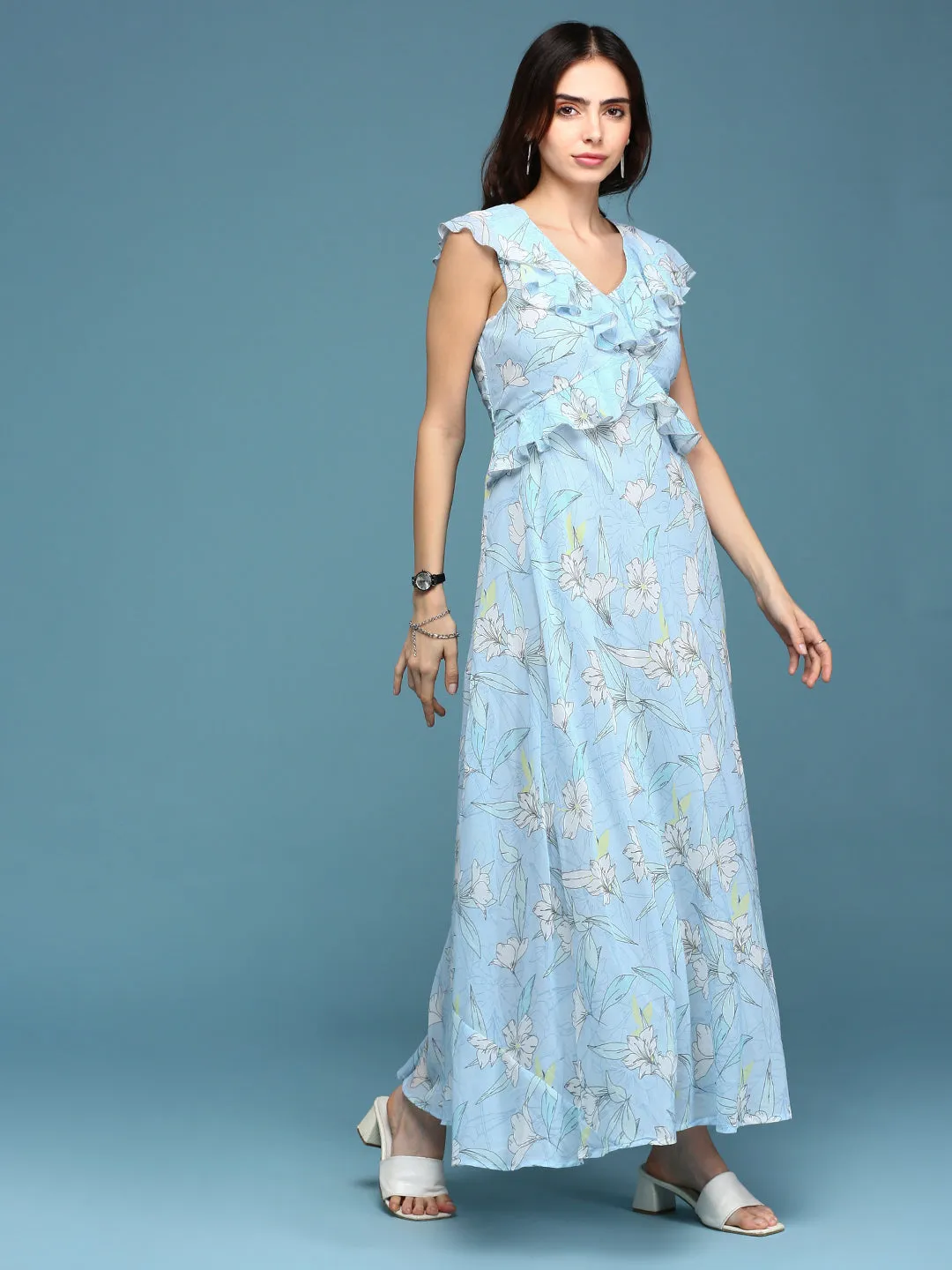 Classic Movement Chic beachwear dress Women's Blue Floral Chiffon A-Line Dress