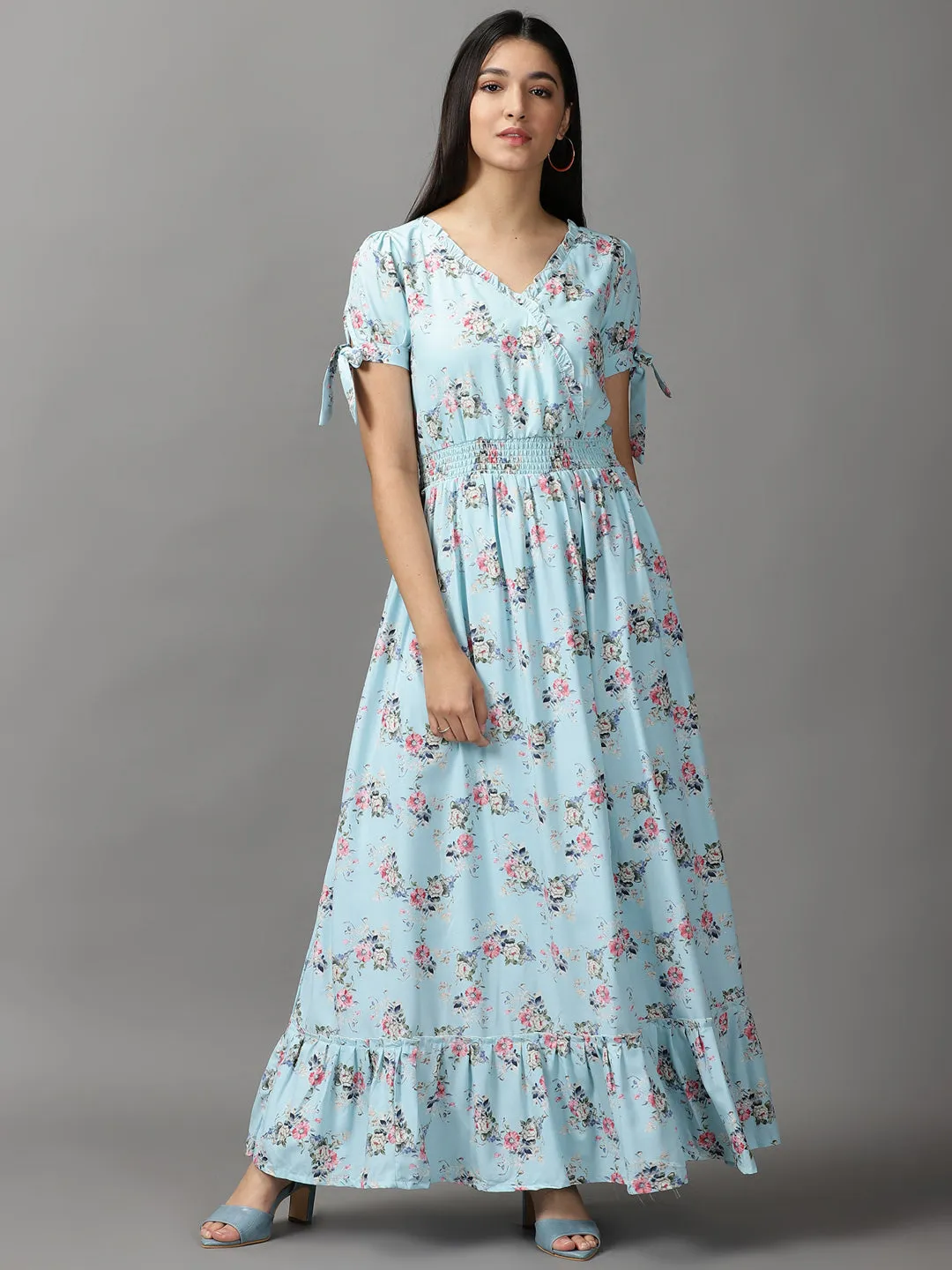 Women's Blue Floral Chiffon Fit & Flare Maxi Dress Gentle Stitch