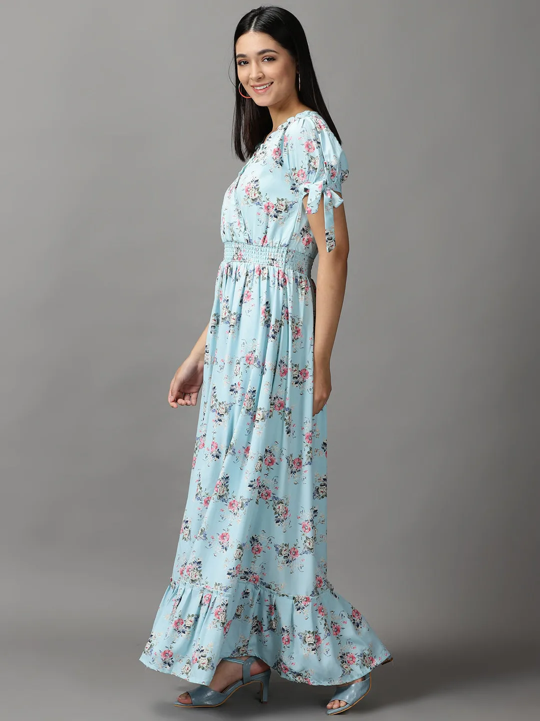 Garden Fresh Women's Blue Floral Chiffon Fit & Flare Maxi Dress