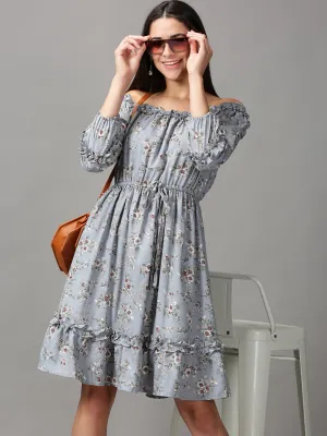 Designer-Label Flare Hem Women's Blue Floral Off-Shoulder Fit & Flare Dress