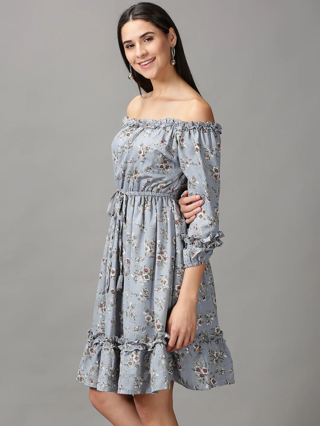 Flattering Style Travel Friendly Women's Blue Floral Off-Shoulder Fit & Flare Dress