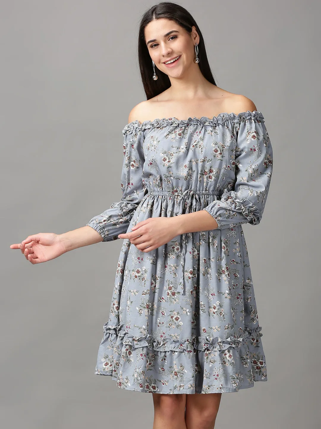 Layering-Piece Formal Style Women's Blue Floral Off-Shoulder Fit & Flare Dress