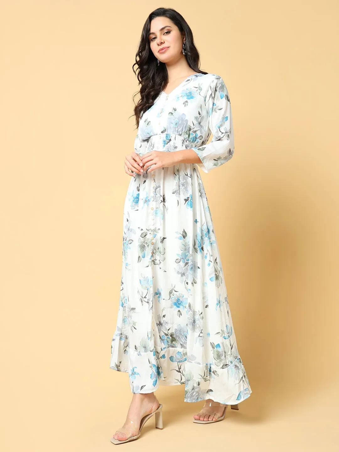 Women's Blue Floral Print Fit & Flare Maxi Dress Bold Touches Tailored Comfort