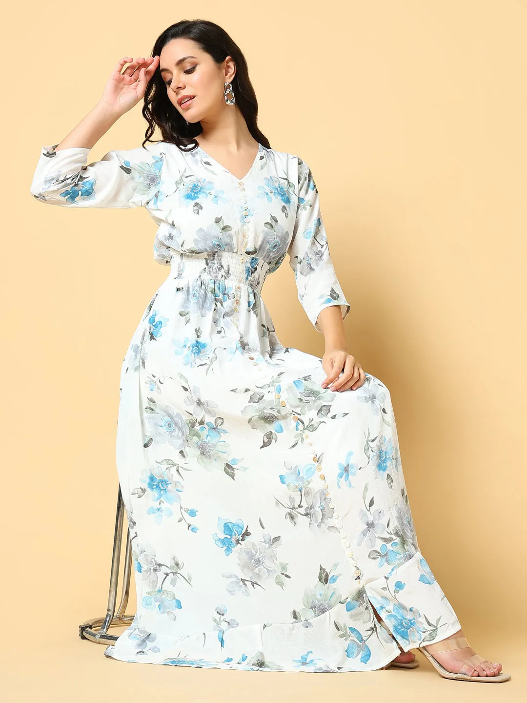 Contemporary Vibe All Timewear Women's Blue Floral Print Fit & Flare Maxi Dress