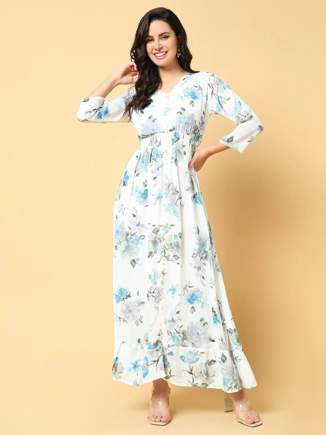 Work Look Women's Blue Floral Print Fit & Flare Maxi Dress