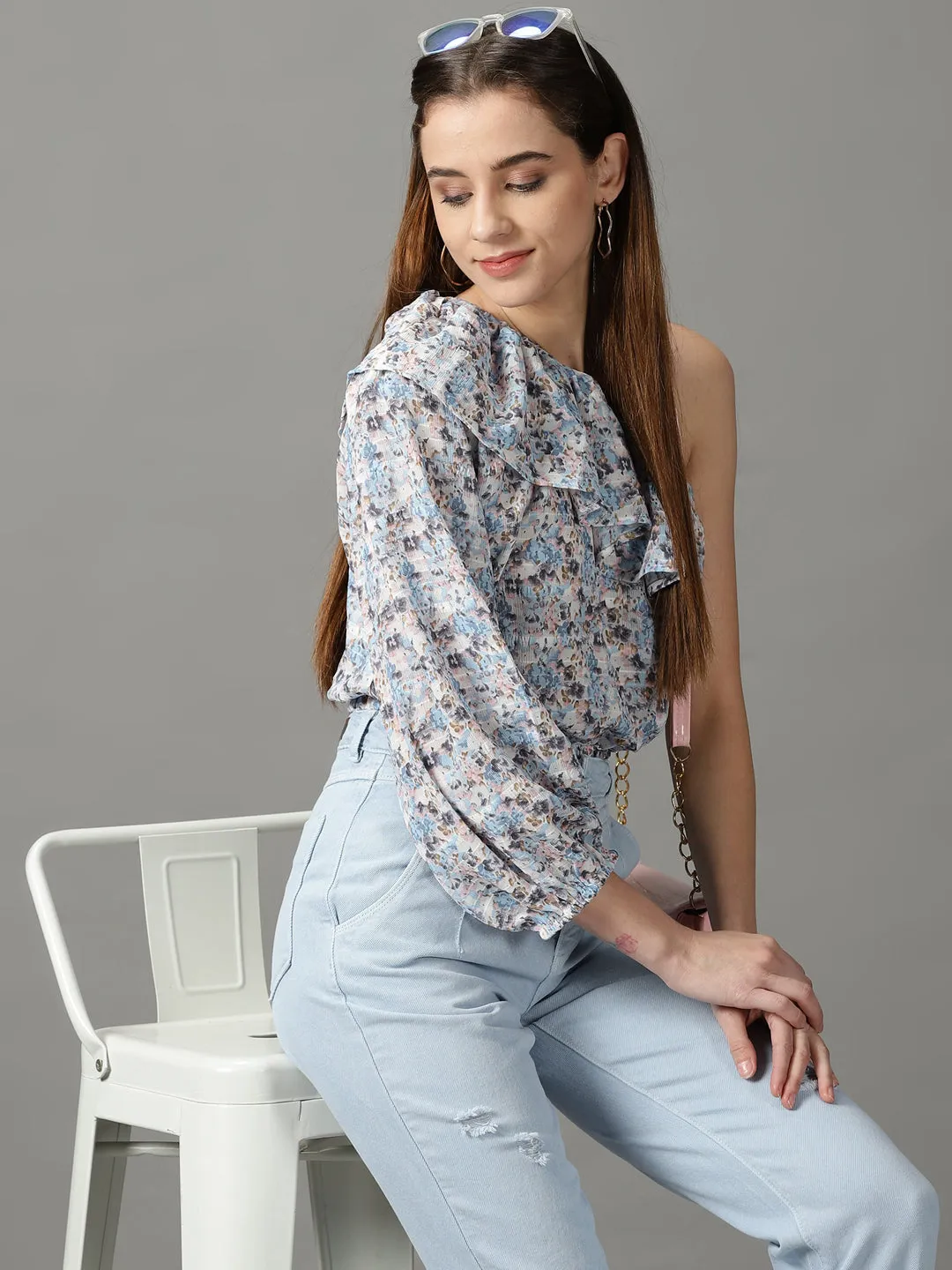 Trendy Casual Wear Skin Friendly Lining Women's Blue Floral Print One Shoulder Ruffles Chiffon Top