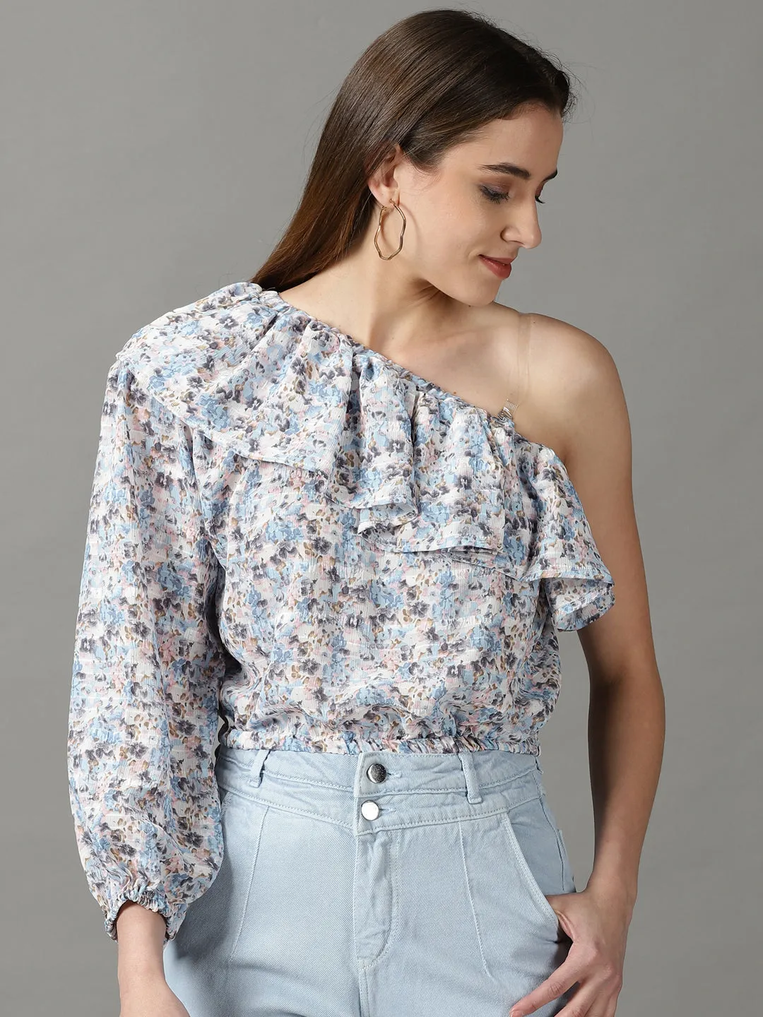 Women's Blue Floral Print One Shoulder Ruffles Chiffon Top Sustainable production FlexibleCollarOptions
