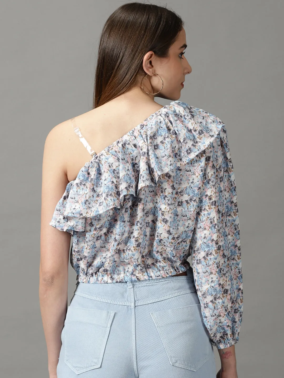 High Density Fabric Summer Style Women's Blue Floral Print One Shoulder Ruffles Chiffon Top