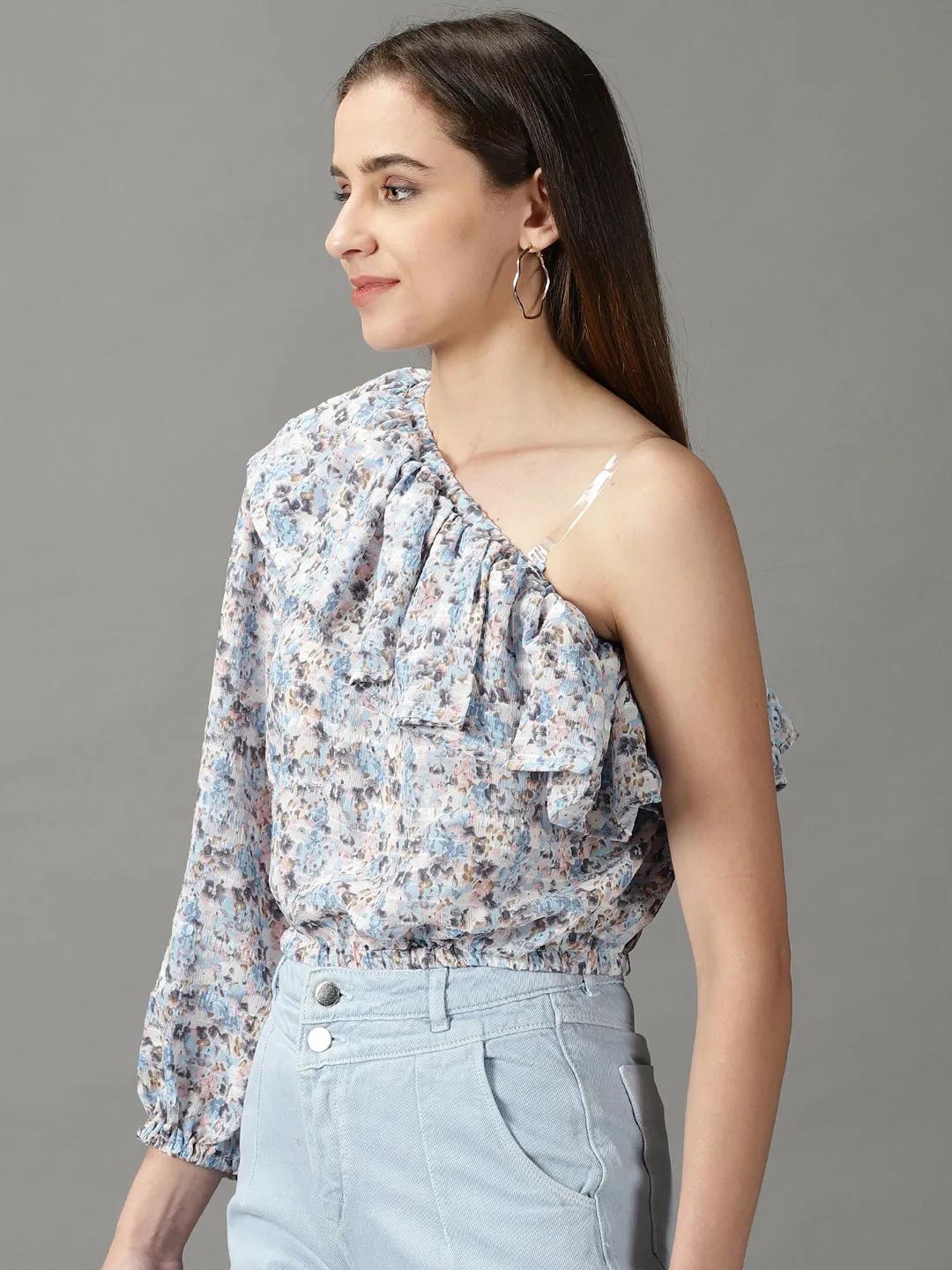 Everyday apparel Breathable Performance Women's Blue Floral Print One Shoulder Ruffles Chiffon Top