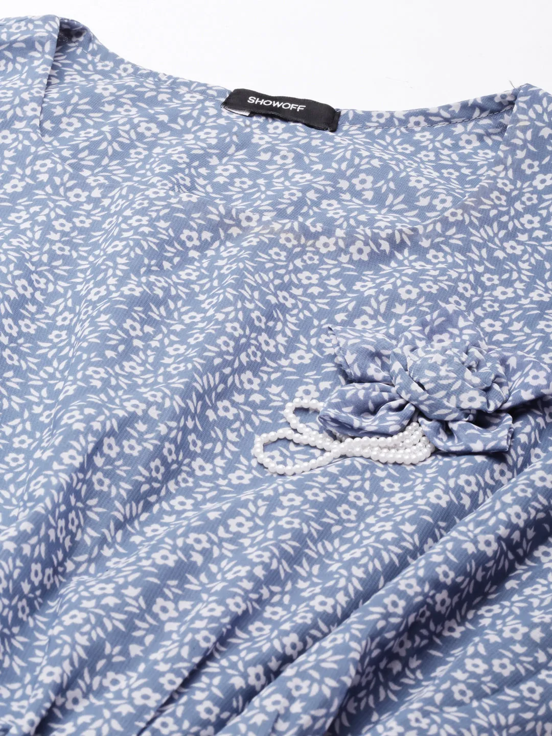 Women's Blue Floral Printed Puff Sleeves Accordion Pleated Georgette Fit & Flare Dress Smart and Polished