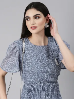 Romantic date dress Airy Layer Women's Blue Floral Printed Puff Sleeves Accordion Pleated Georgette Fit & Flare Dress