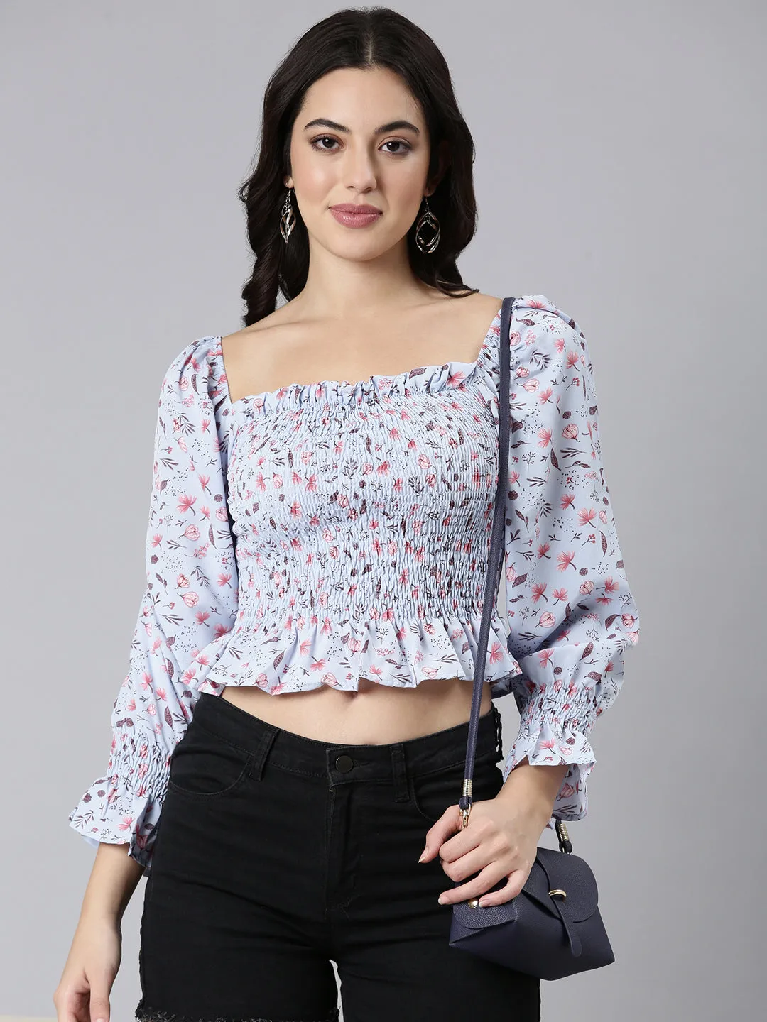 Women's Blue Floral Printed Square Neck Puff Sleeve Smocked Crepe Peplum Crop Top Cozy Stretch Fit