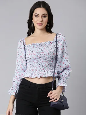 Women's Blue Floral Printed Square Neck Puff Sleeve Smocked Crepe Peplum Crop Top Cozy Stretch Fit