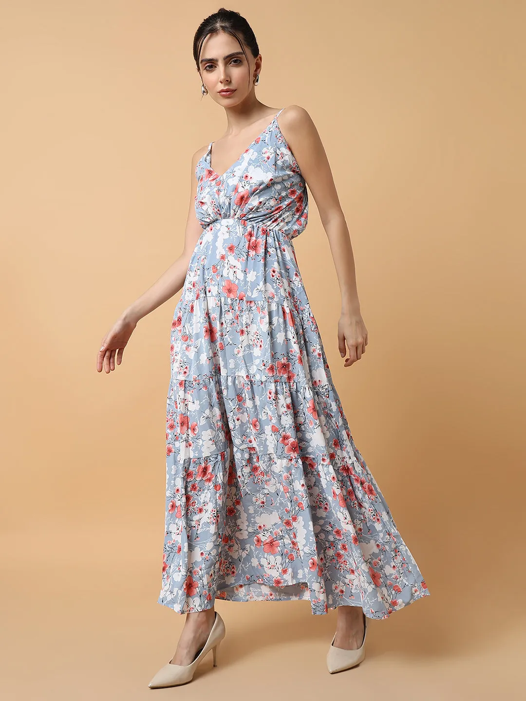 Women's Blue Floral Printed Tiered Crepe Maxi Dress High-Fashion