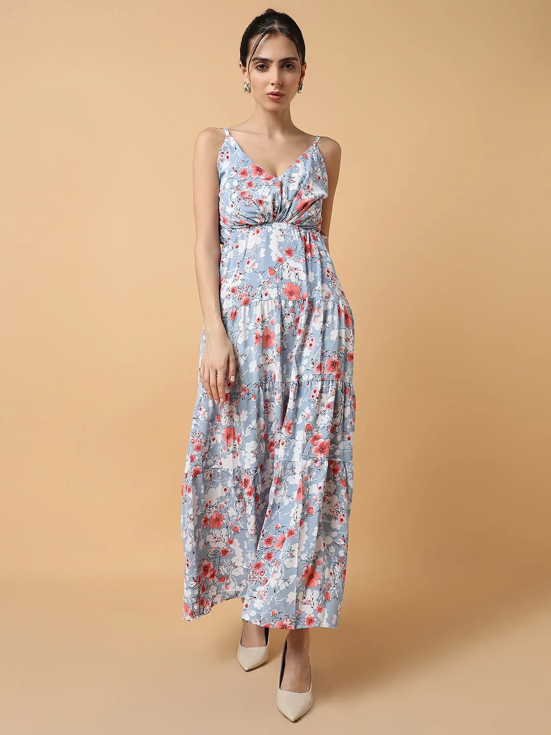 Edgy Twist Women's Blue Floral Printed Tiered Crepe Maxi Dress