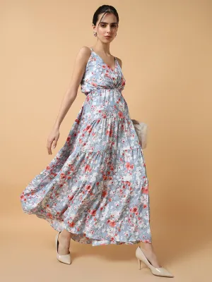 Art Soul Ethically-Made Women's Blue Floral Printed Tiered Crepe Maxi Dress