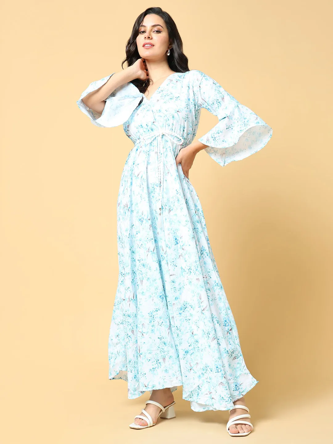 Effortless Elegance Women's Blue Floral Printed V-neck Bell Sleeve Fit & Flare Maxi Dress