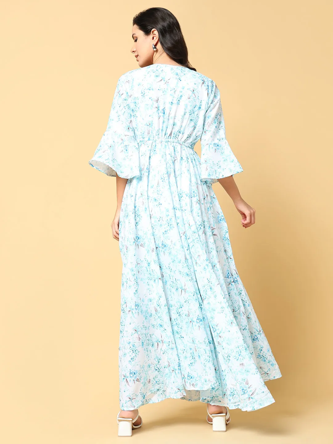 Lace-Trim Travel Edge Women's Blue Floral Printed V-neck Bell Sleeve Fit & Flare Maxi Dress