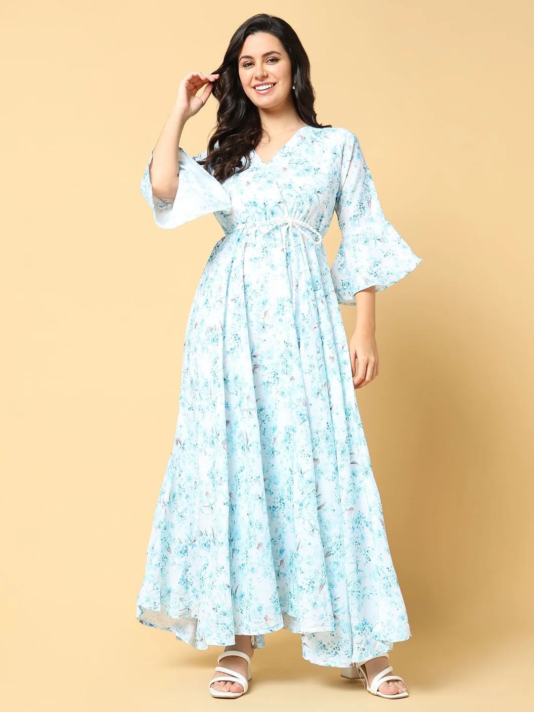 Elegant evening wear Women's Blue Floral Printed V-neck Bell Sleeve Fit & Flare Maxi Dress