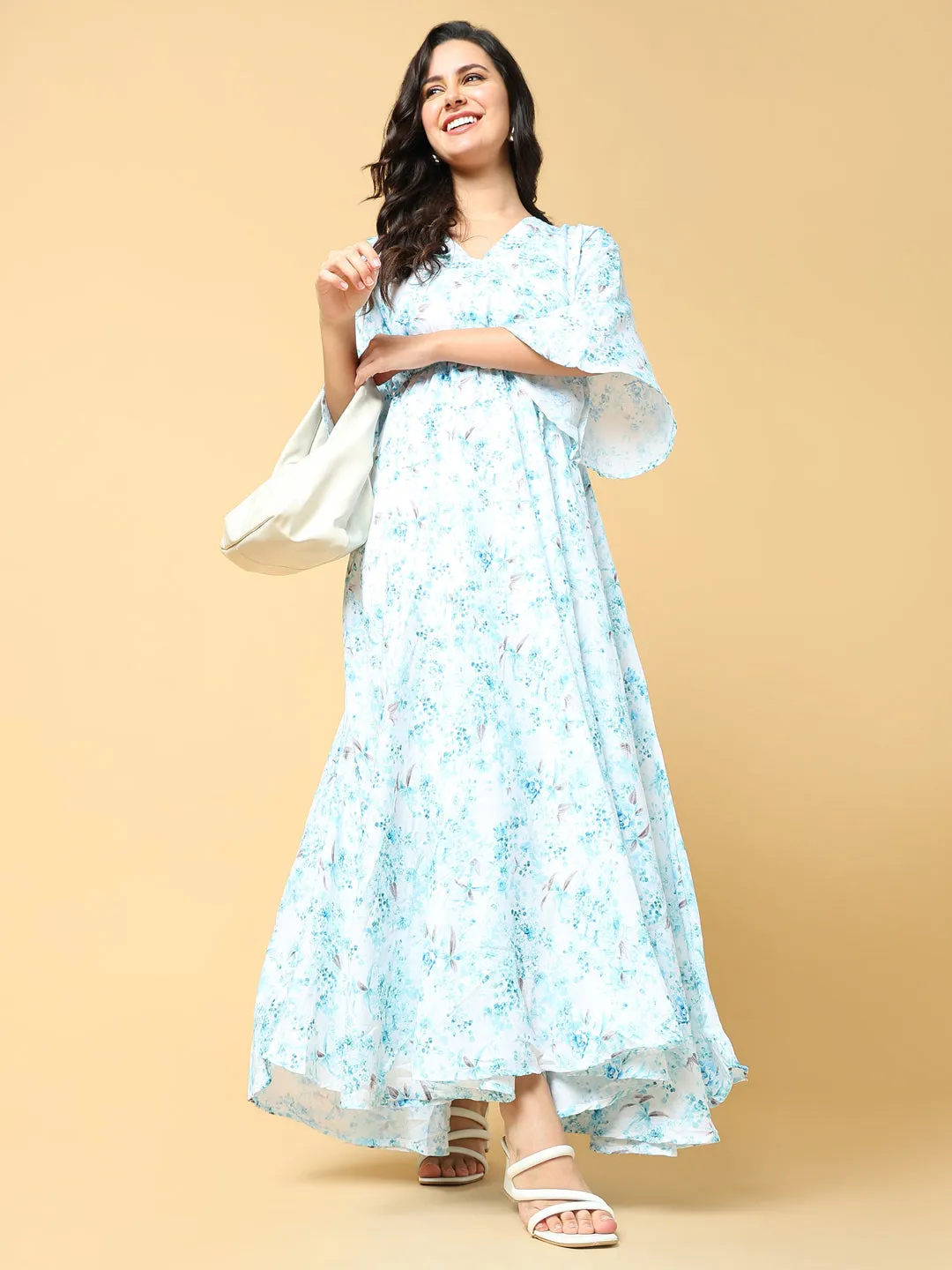 Women's Blue Floral Printed V-neck Bell Sleeve Fit & Flare Maxi Dress Easy Pairing Silk Shine