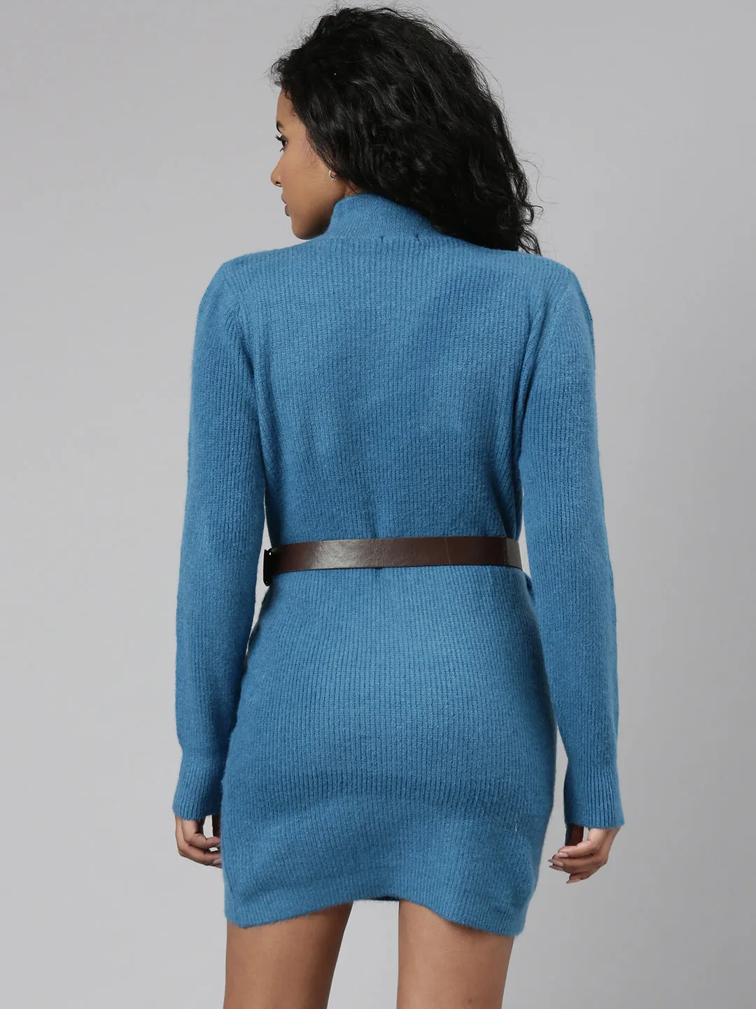 Women's Blue High Neck Belted Sheath Dress Shirred-Detail