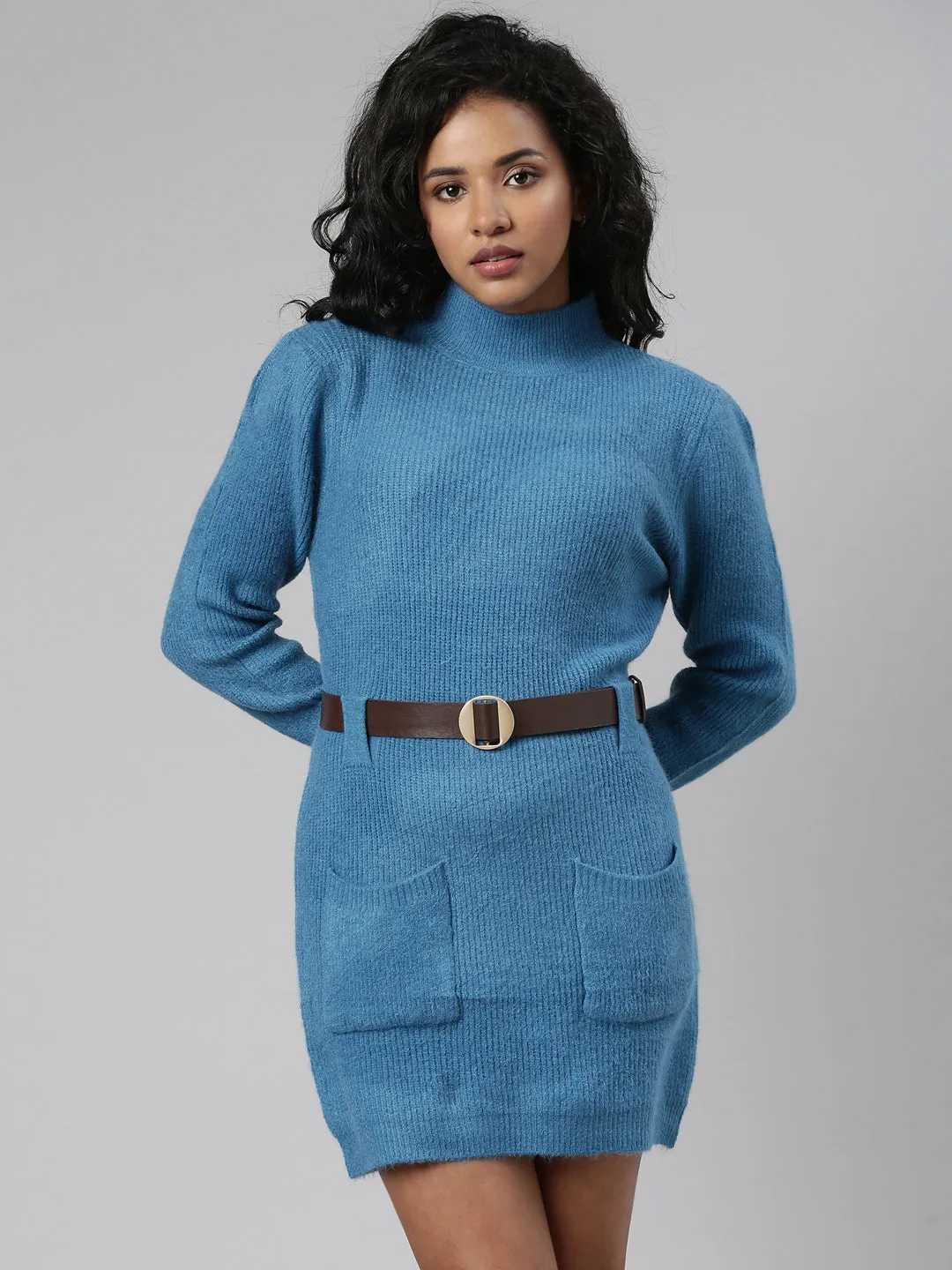 Fit Vibe Women's Blue High Neck Belted Sheath Dress