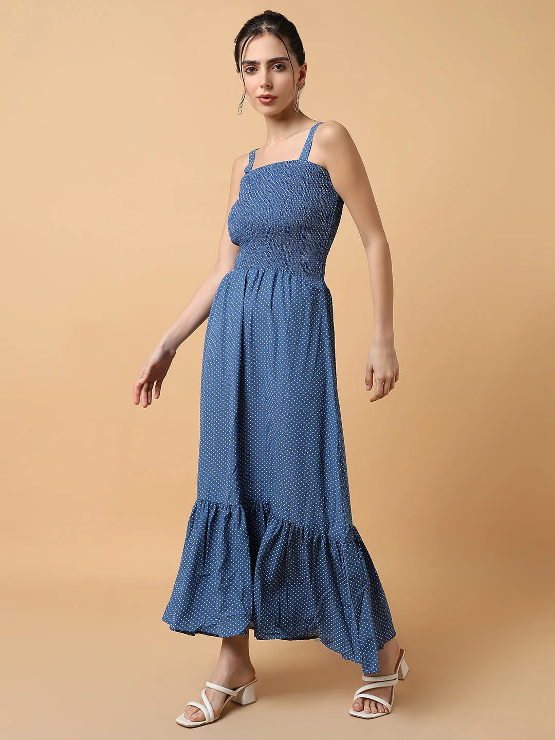 Fringe-Detail Everyday Use Women's Blue Polka Dots Fit & Flare Midi Dress