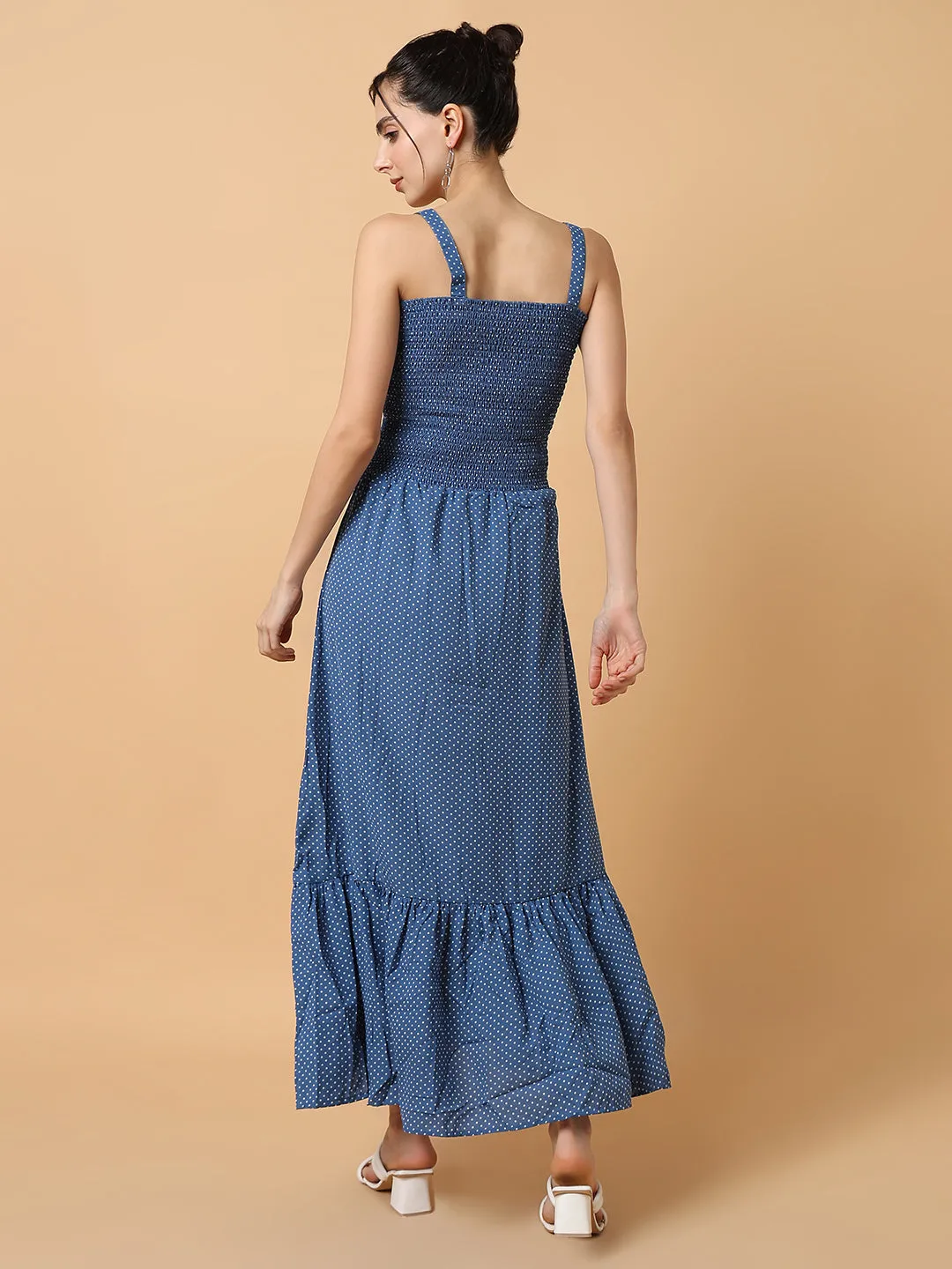 Women's Blue Polka Dots Fit & Flare Midi Dress Vibe Style Breathable Style