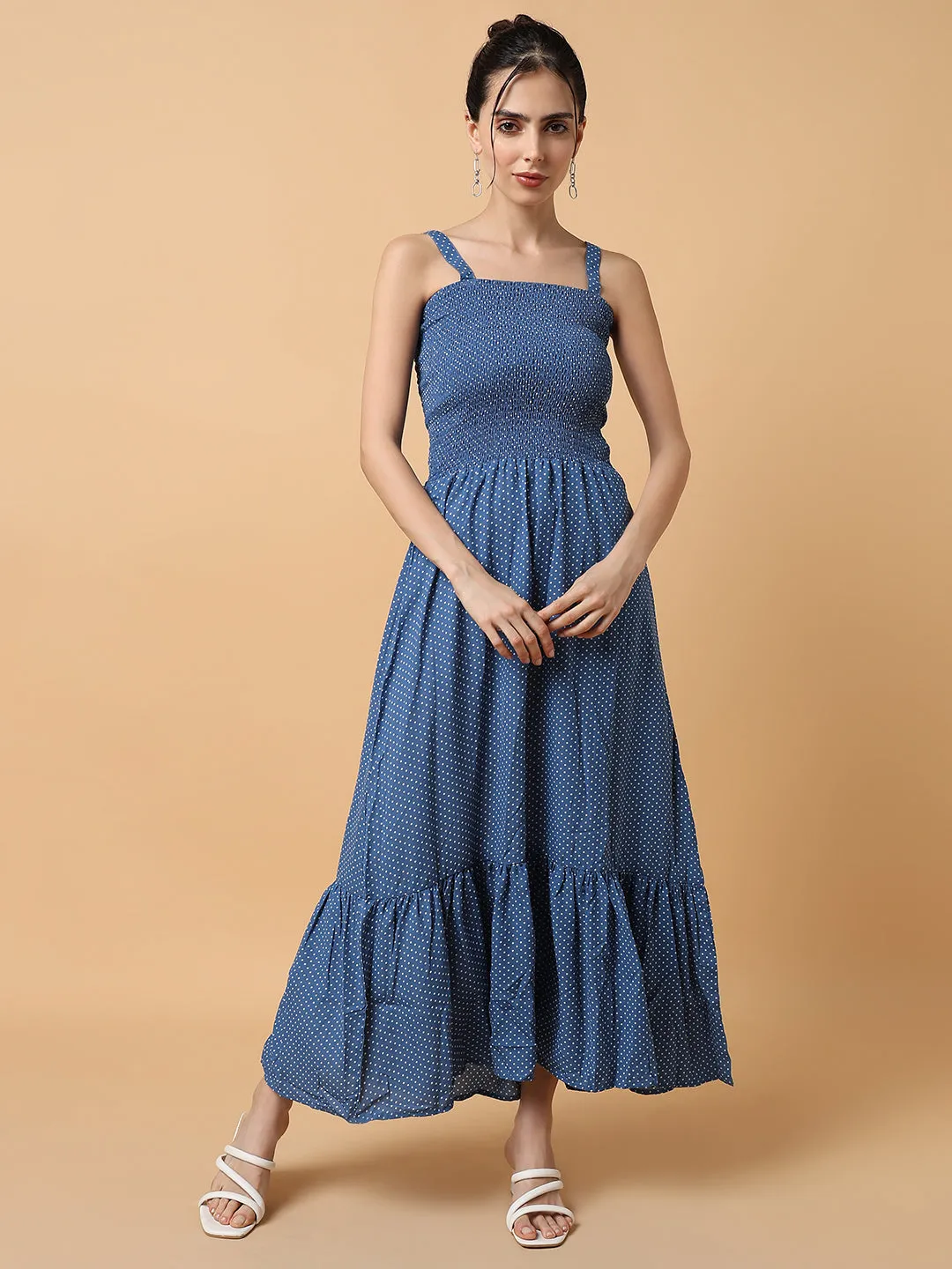 Scandi Light Women's Blue Polka Dots Fit & Flare Midi Dress