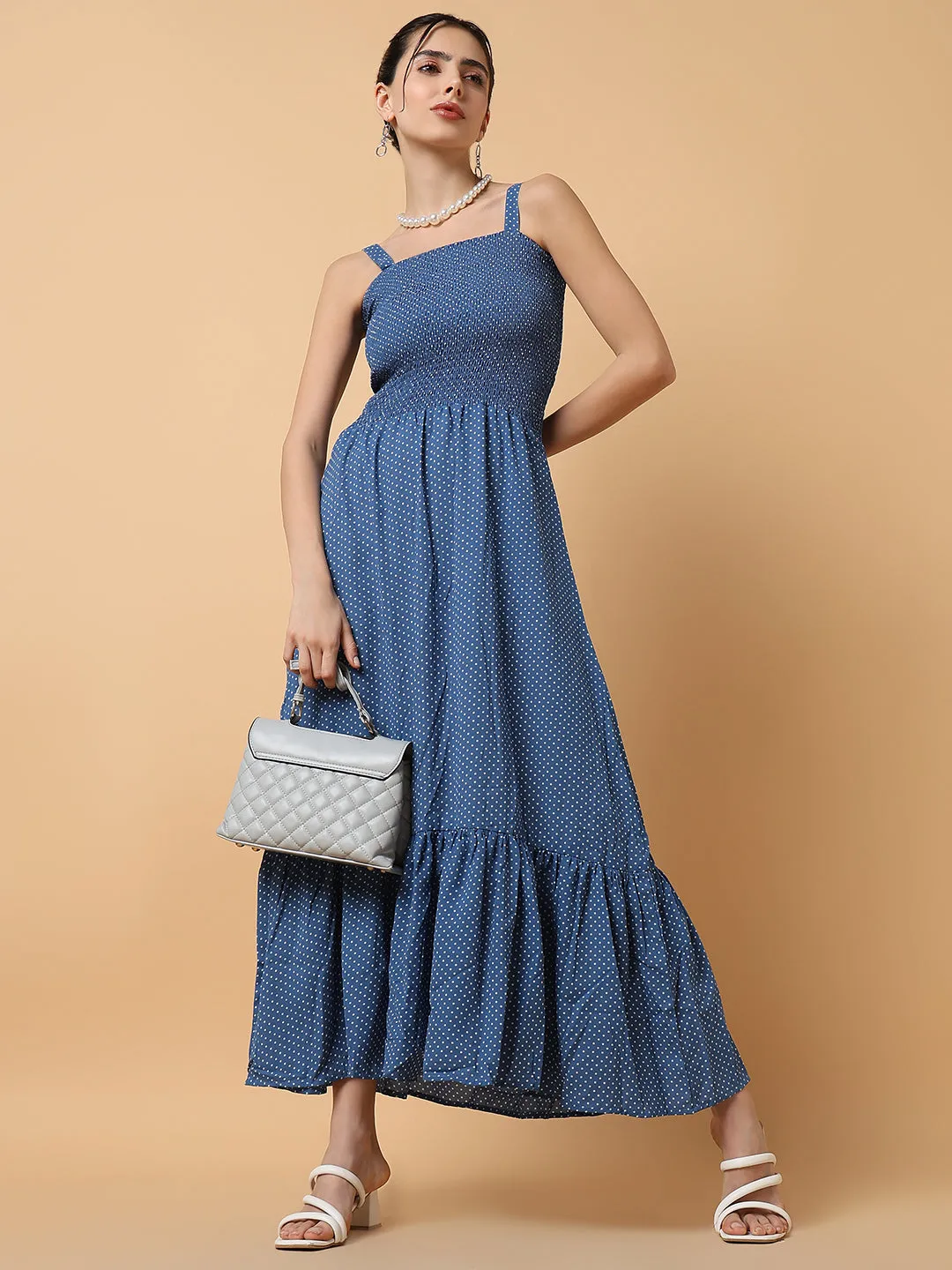 Women's Blue Polka Dots Fit & Flare Midi Dress TemperatureRegulatingFabric