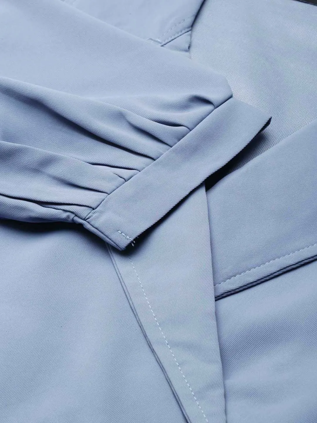 Smart Layering Comfort Wear Fit Women's Blue Puff Sleeve Wrap Crop Top