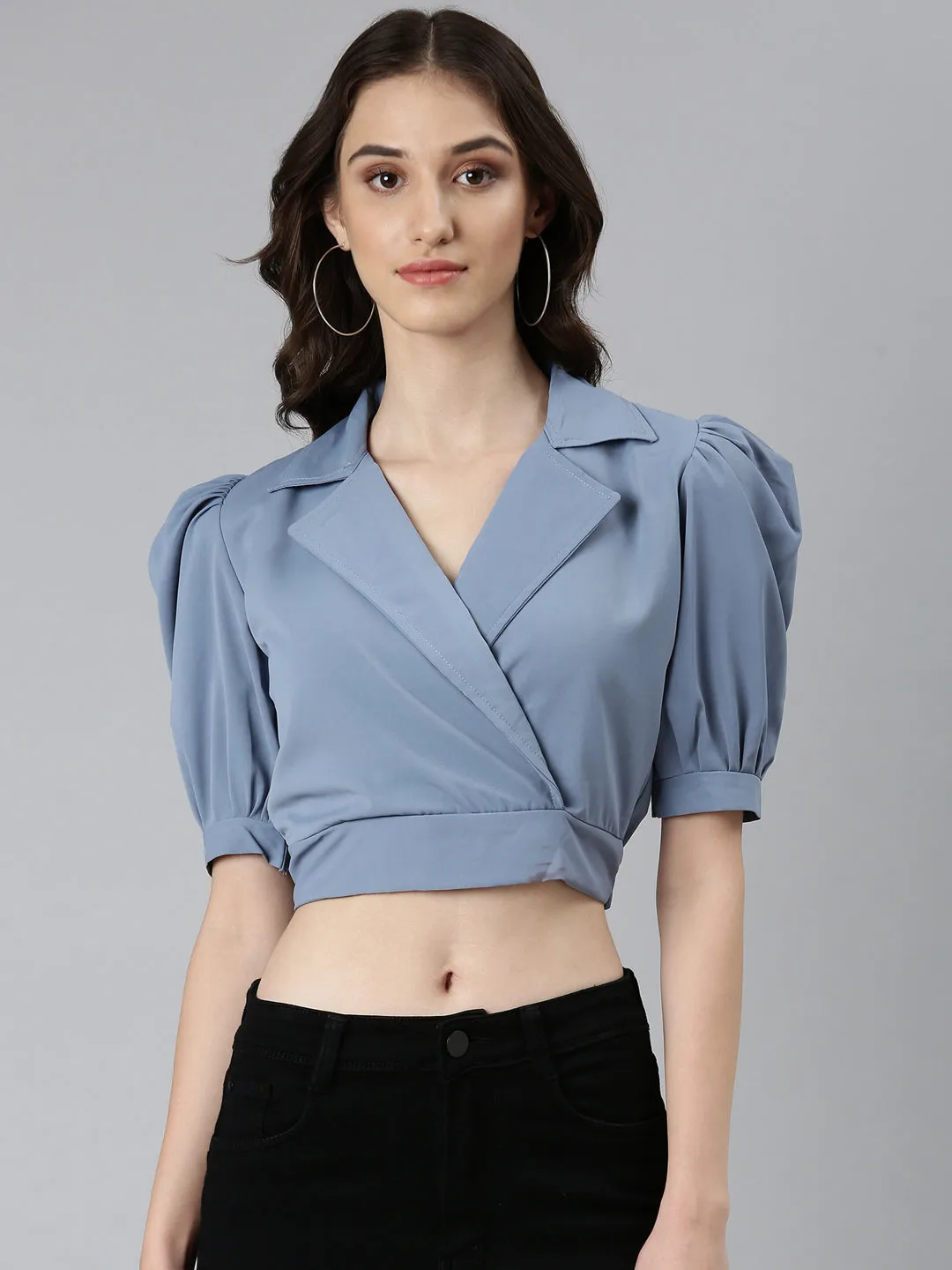Women's Blue Puff Sleeve Wrap Crop Top Street Comfort Casual Appeal