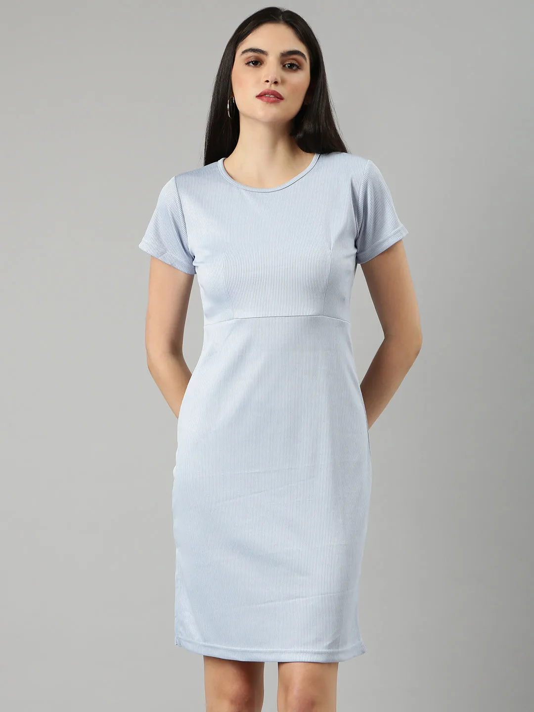 Women's Blue Round Neck Short Sleeves Cotton Knitted Sheath Dress Walk Easy Pure Shape