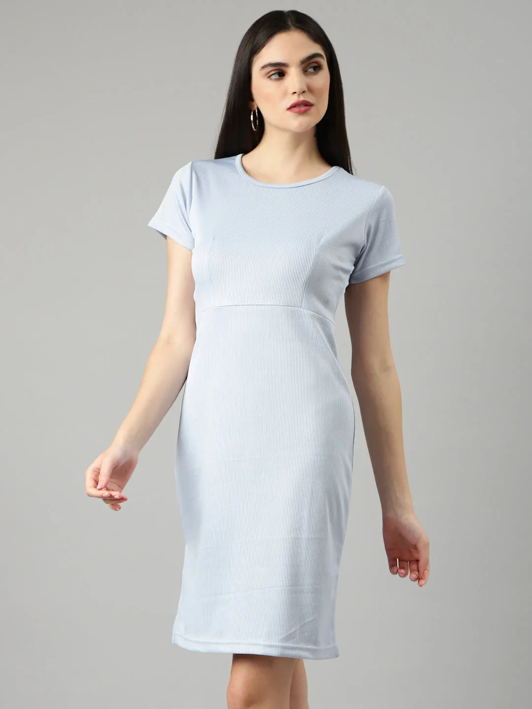 Modern Staple Women's Blue Round Neck Short Sleeves Cotton Knitted Sheath Dress