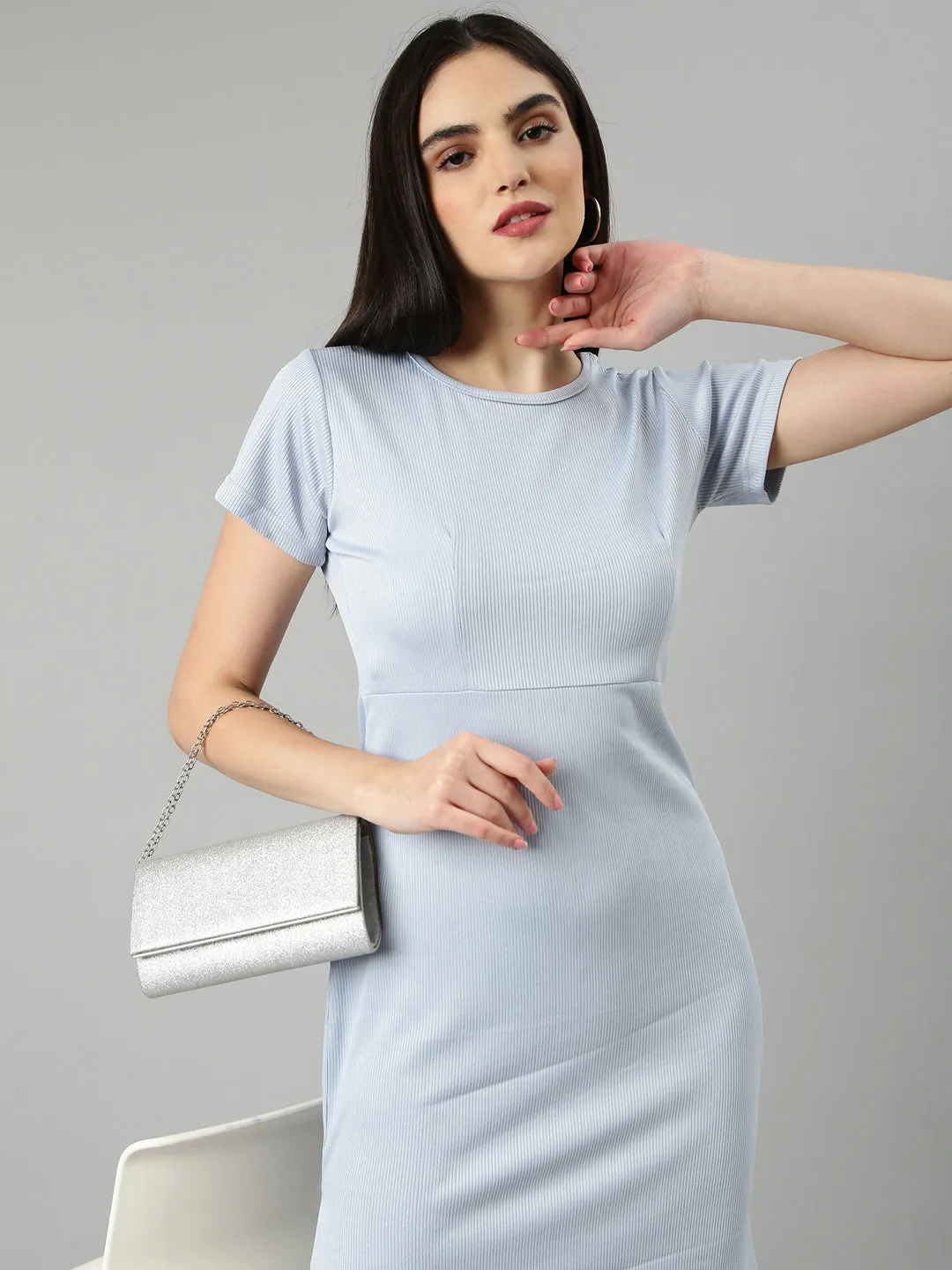 Women's Blue Round Neck Short Sleeves Cotton Knitted Sheath Dress Relaxed Look Movement Feel
