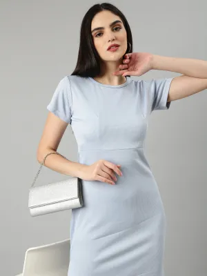 Women's Blue Round Neck Short Sleeves Cotton Knitted Sheath Dress Relaxed Look Movement Feel