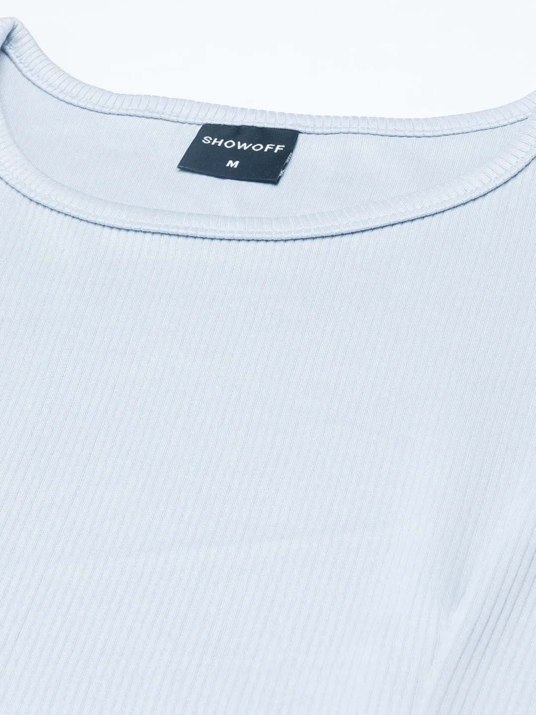 Women's Blue Round Neck Short Sleeves Cotton Knitted Sheath Dress Relaxed Layer