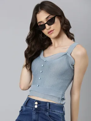 Women's Blue Self Design Shoulder Strap Fitted Crop Top Pocket Detailing