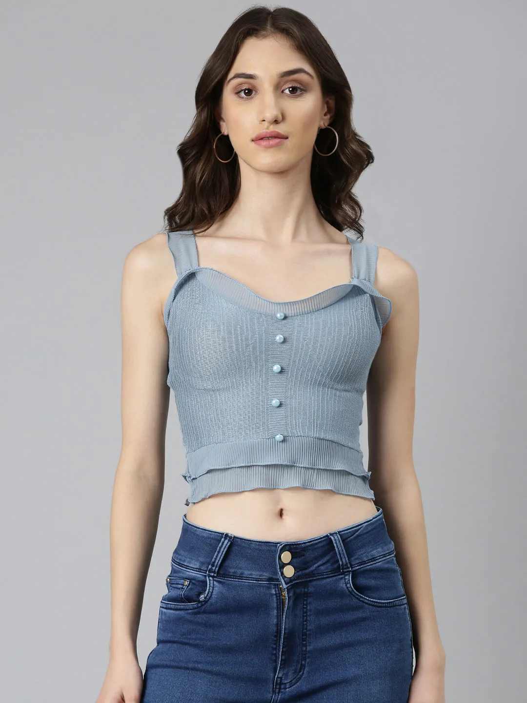 Chill Wear Women's Blue Self Design Shoulder Strap Fitted Crop Top