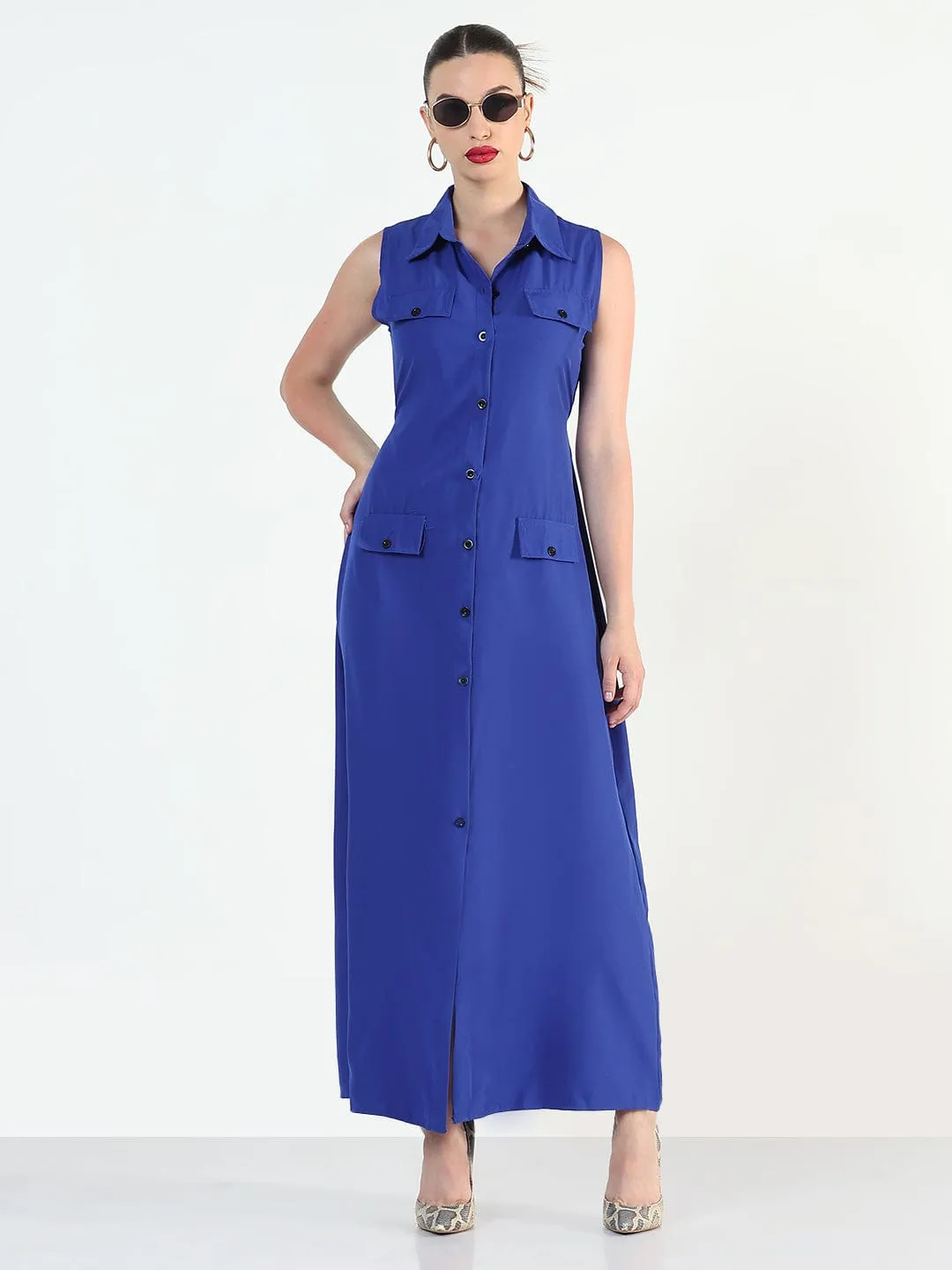 Women's Blue Sleeveless Shirt Style A-Line Dress Sleek long-sleeve dress Date night
