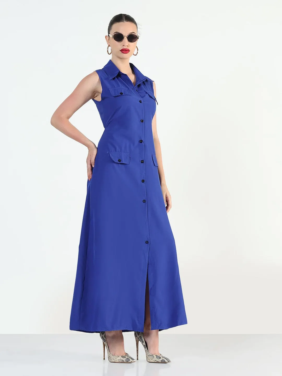 Women's Blue Sleeveless Shirt Style A-Line Dress Subtle Drape Curve Friendly