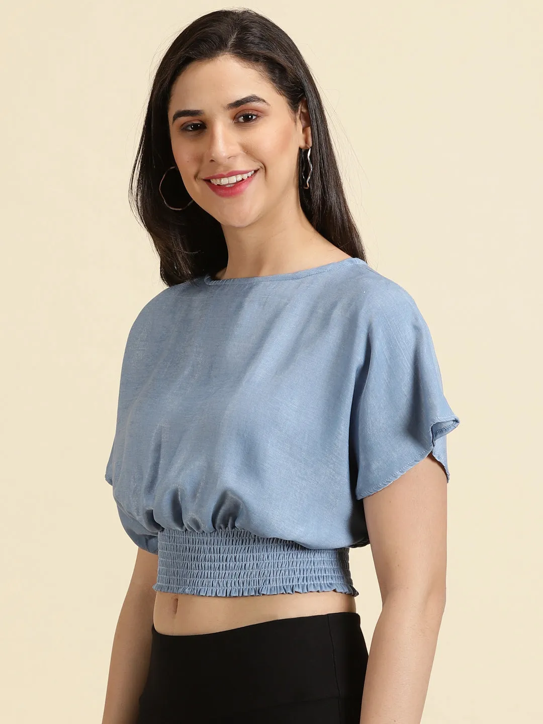 Double Stitched Hem Fuzz Free Surface Women's Blue Smocked Extended Sleeves Crop Cinched Waist Top