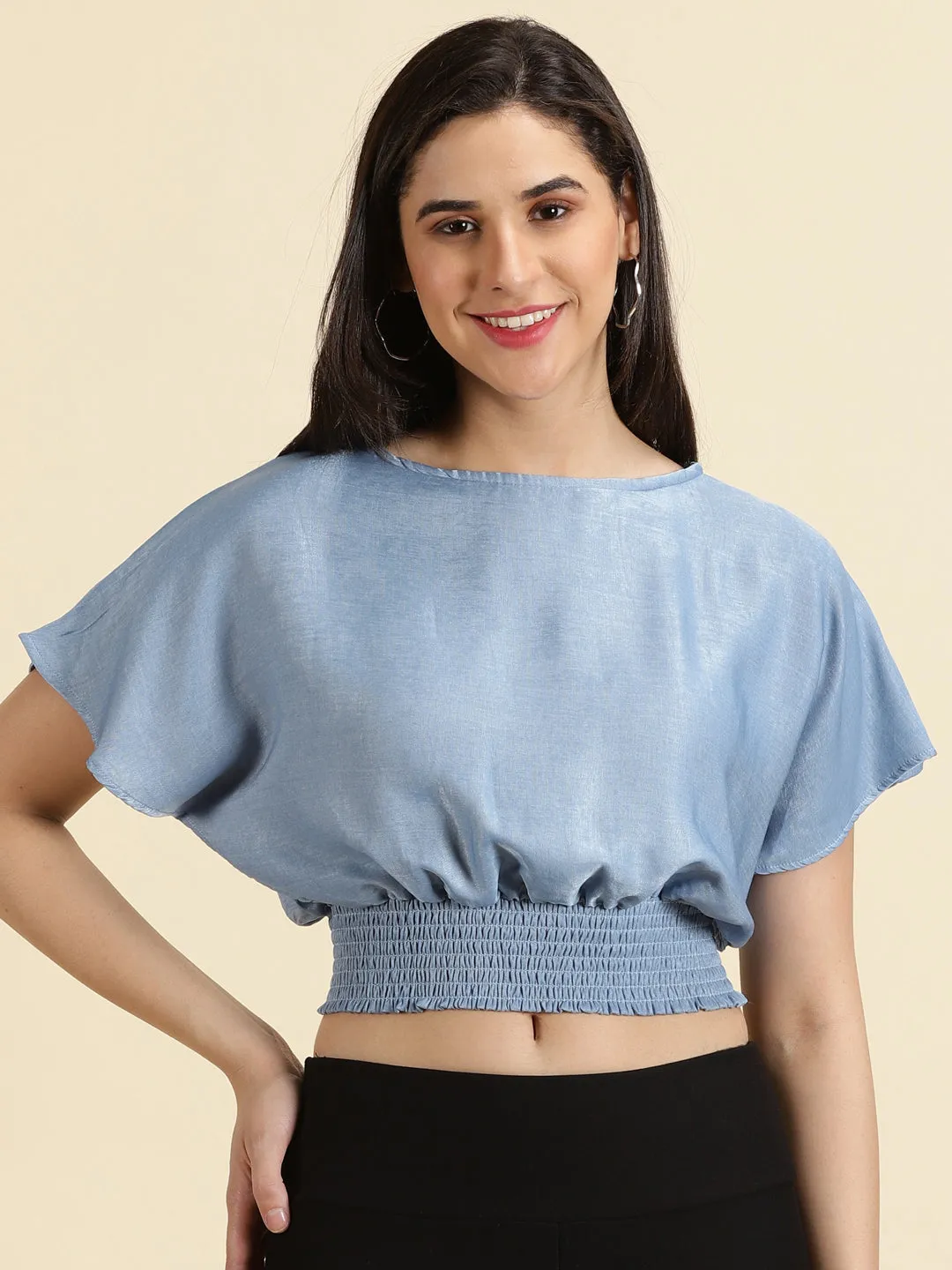 Cozy Layering TexturedWeavePattern Women's Blue Smocked Extended Sleeves Crop Cinched Waist Top