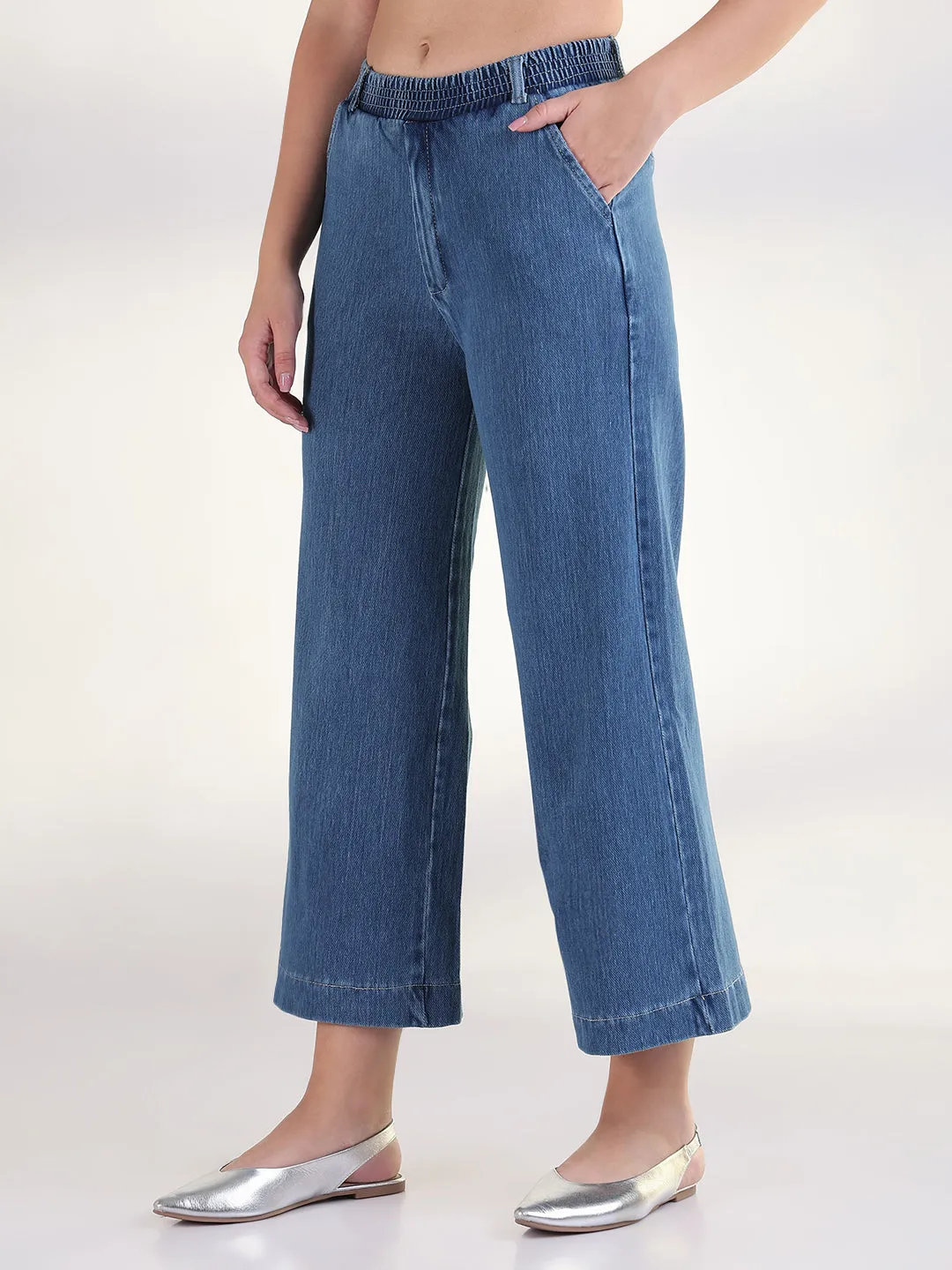 Women's Blue Solid Wide Leg Jeans TailoredSilhouette All Use