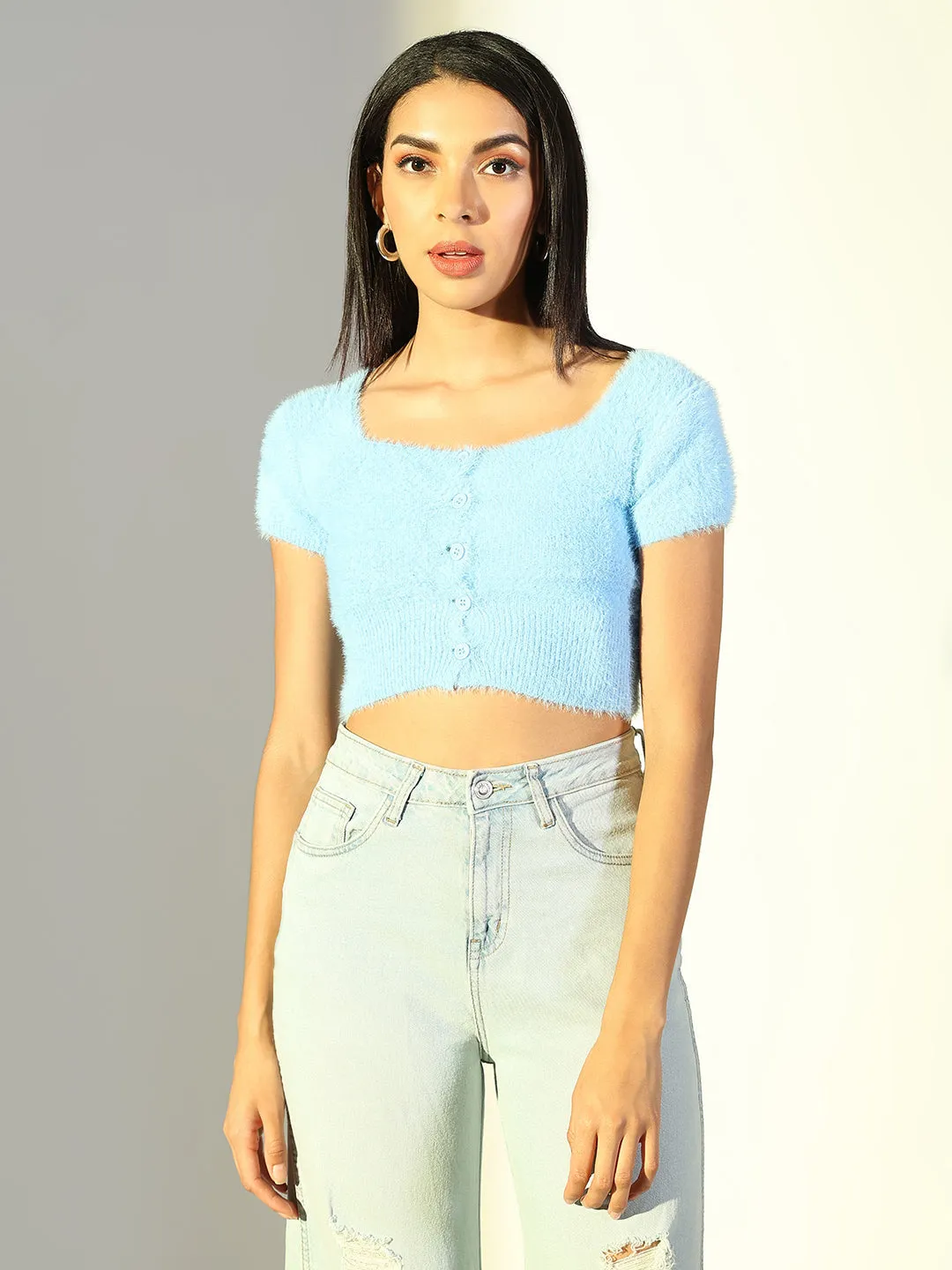 Women's Blue Square Neck Fringed Crop Top Soft and Lightweight Cozy Touch