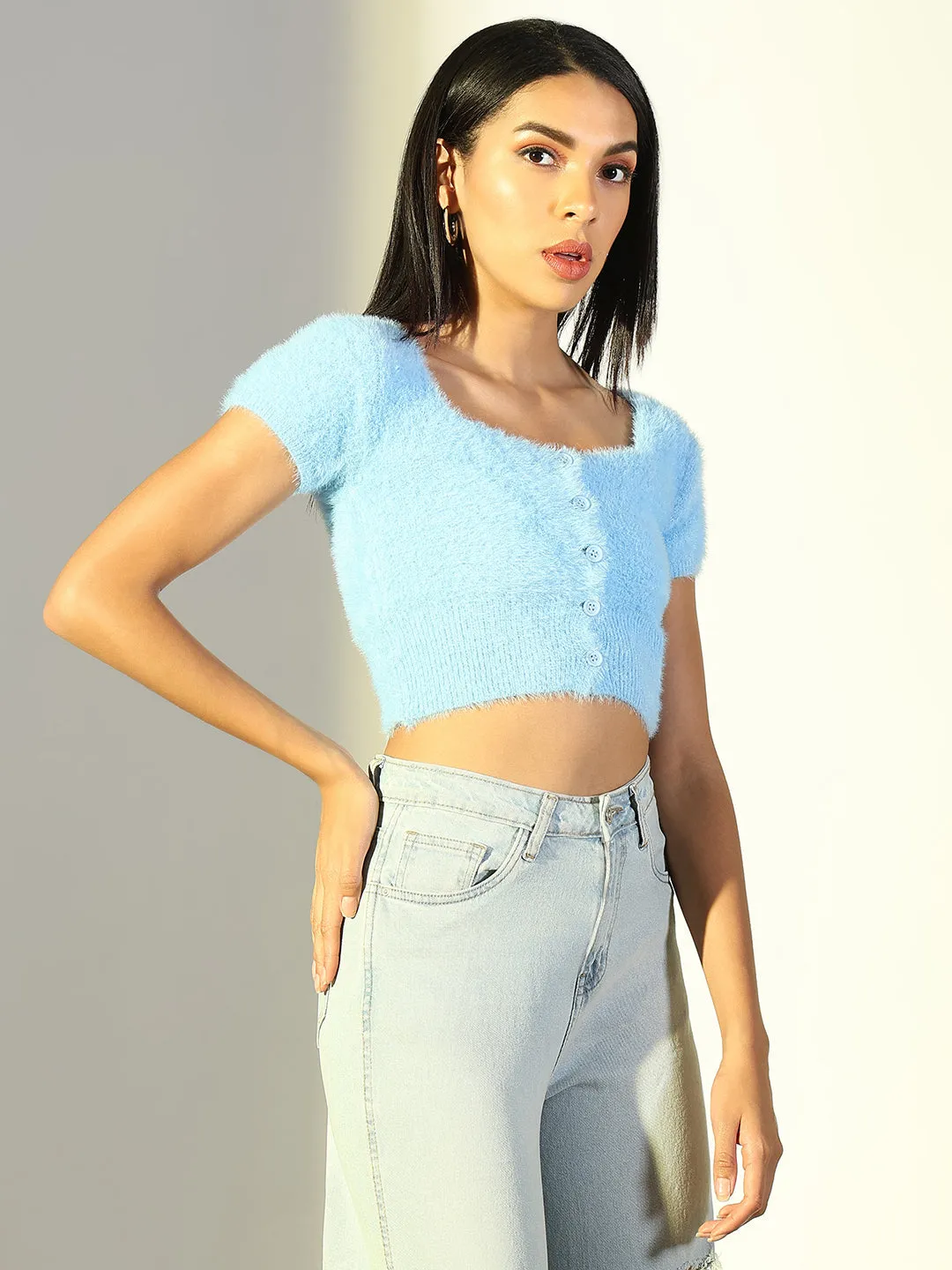 Cozy Look Wear Women's Blue Square Neck Fringed Crop Top