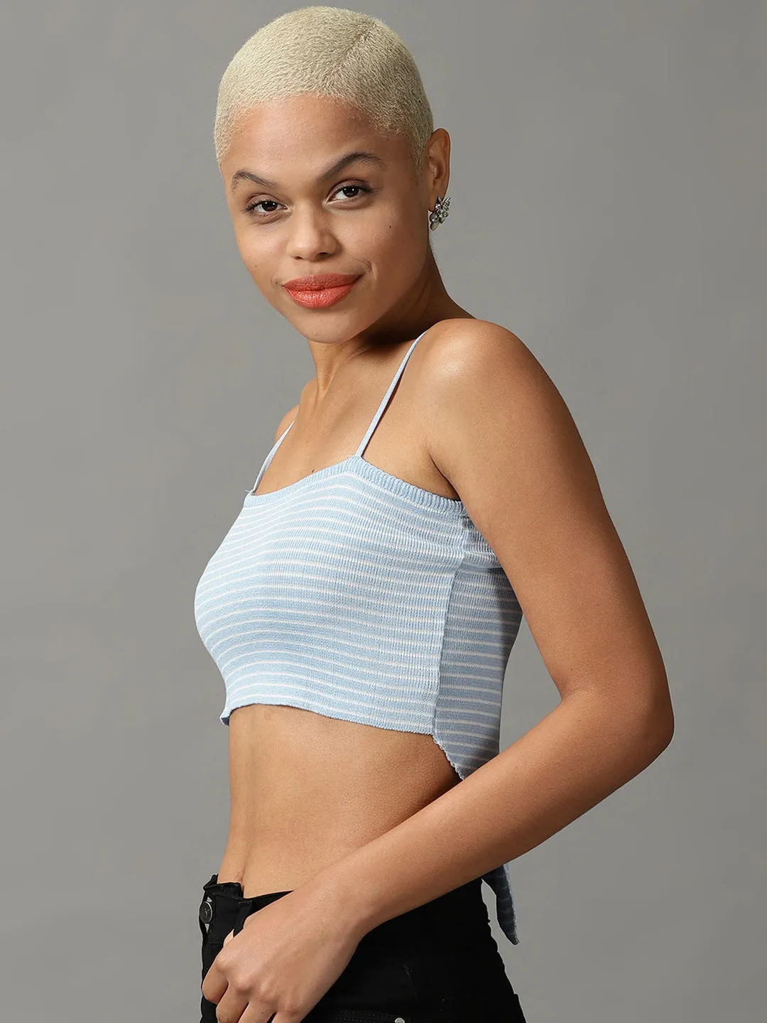 Women's Blue Striped Crop Top Flexible Ribbed Neckline